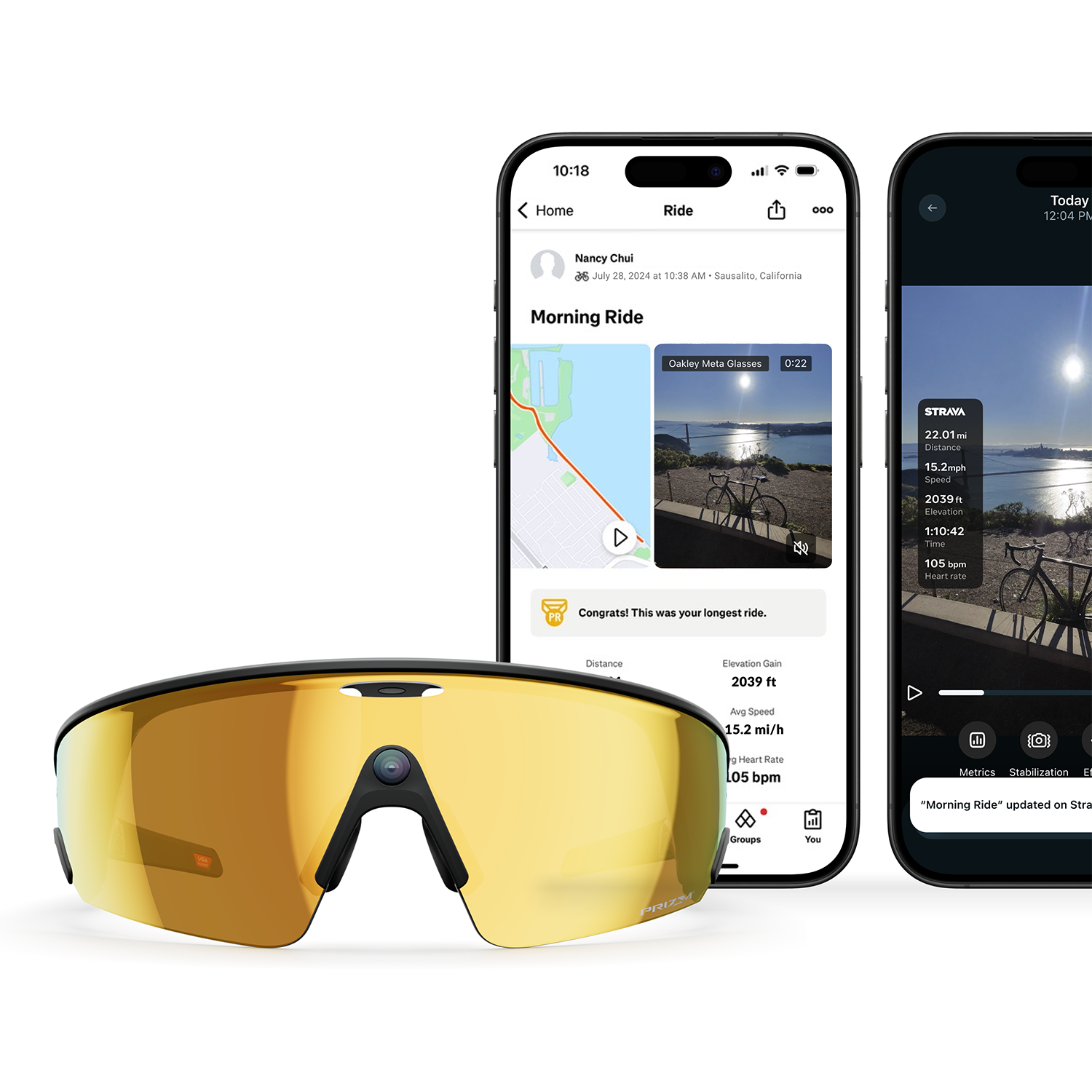 Garmin and Strava integration showing Meta Oakley glasses and mobile app UI